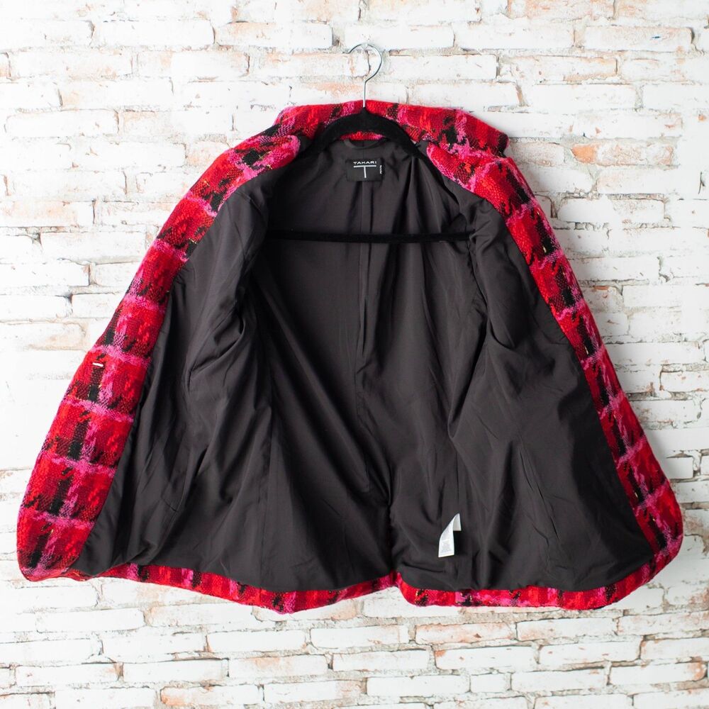 Tahari Petite Blazer Women's Notch Lapel Red Black Pink Plaid Blazer - Picture 6 of 10